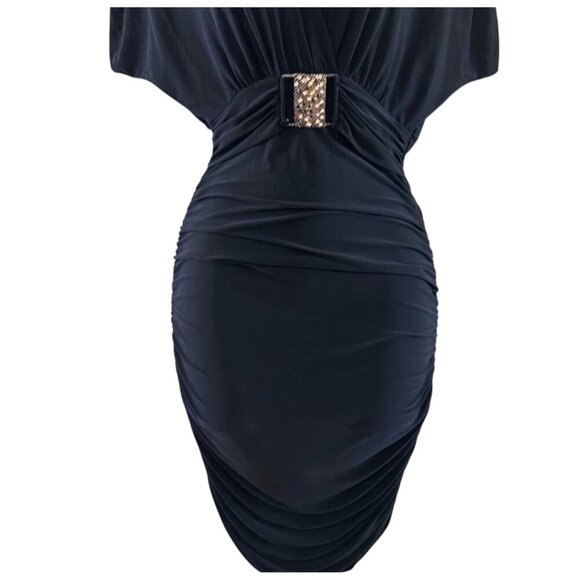 Sabora Black Ruched Belted V-Neck Dress Size M - Picture 8 of 10